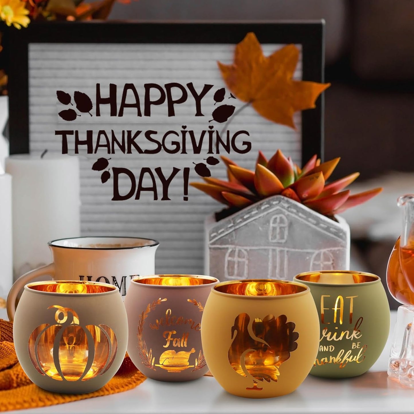 Thanksgiving Votive Candle Holder Set of 6, Glass Votives Holder with 6 Laser Engraving Patterns, Tealight Holders Bulk for Fall Table Centerpiece Decor