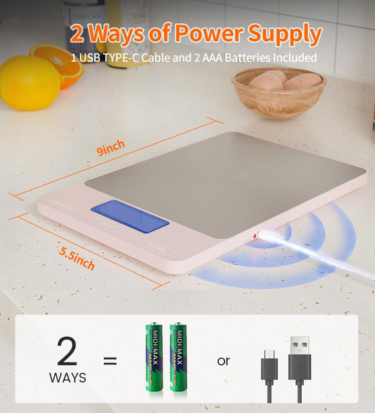 Food Scale Pink -33Lb Digital Kitchen Scale for Food Ounces Grams Rechargeable 306 Stainless Steel,Batteries and Type-C Charging