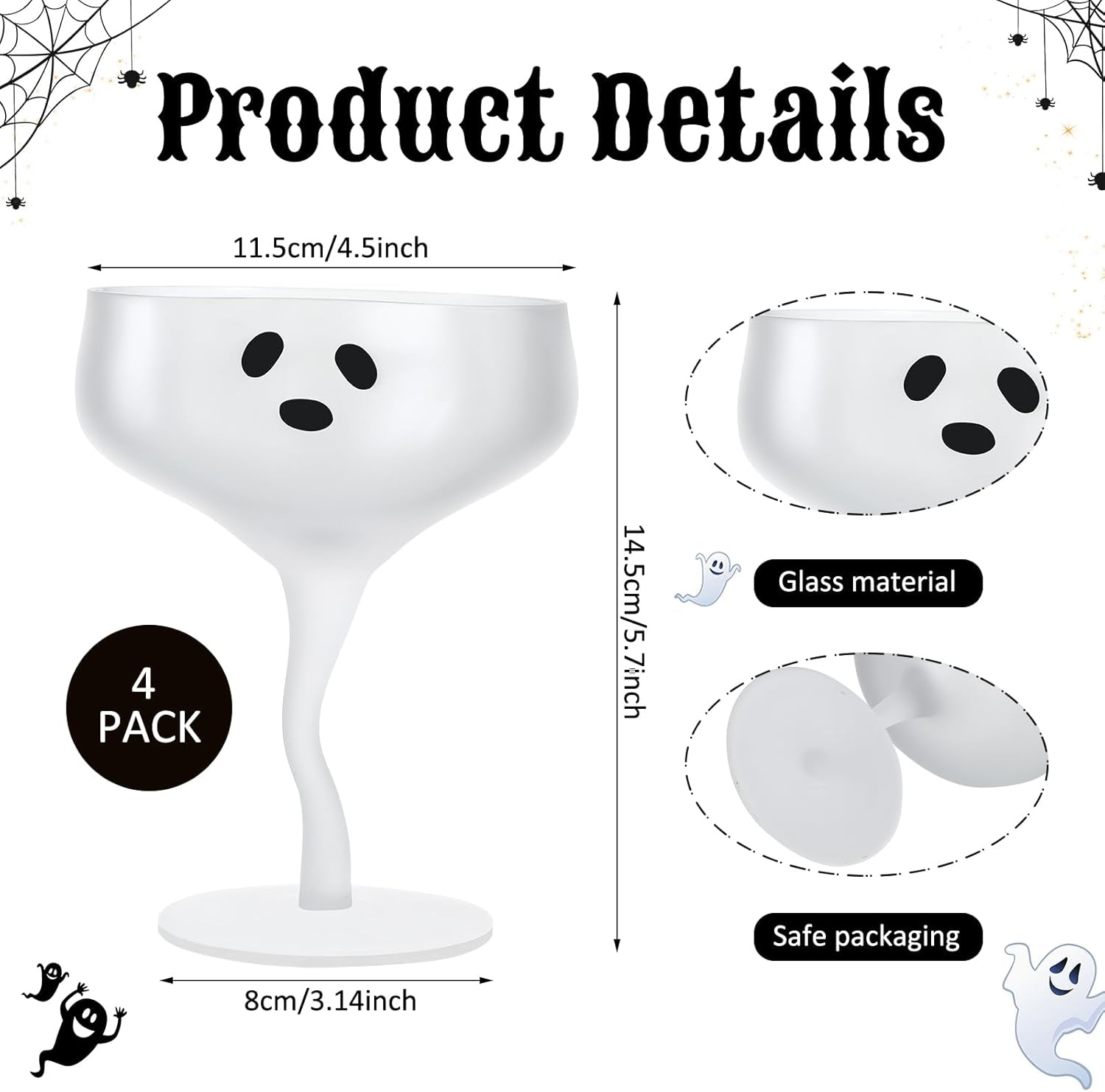 4 Pcs Ghost Margarita Glasses 13 Oz Halloween Ghost Wine Glasses Reusable Cocktail Drinking Cups for Halloween Holiday Party (Frosted)