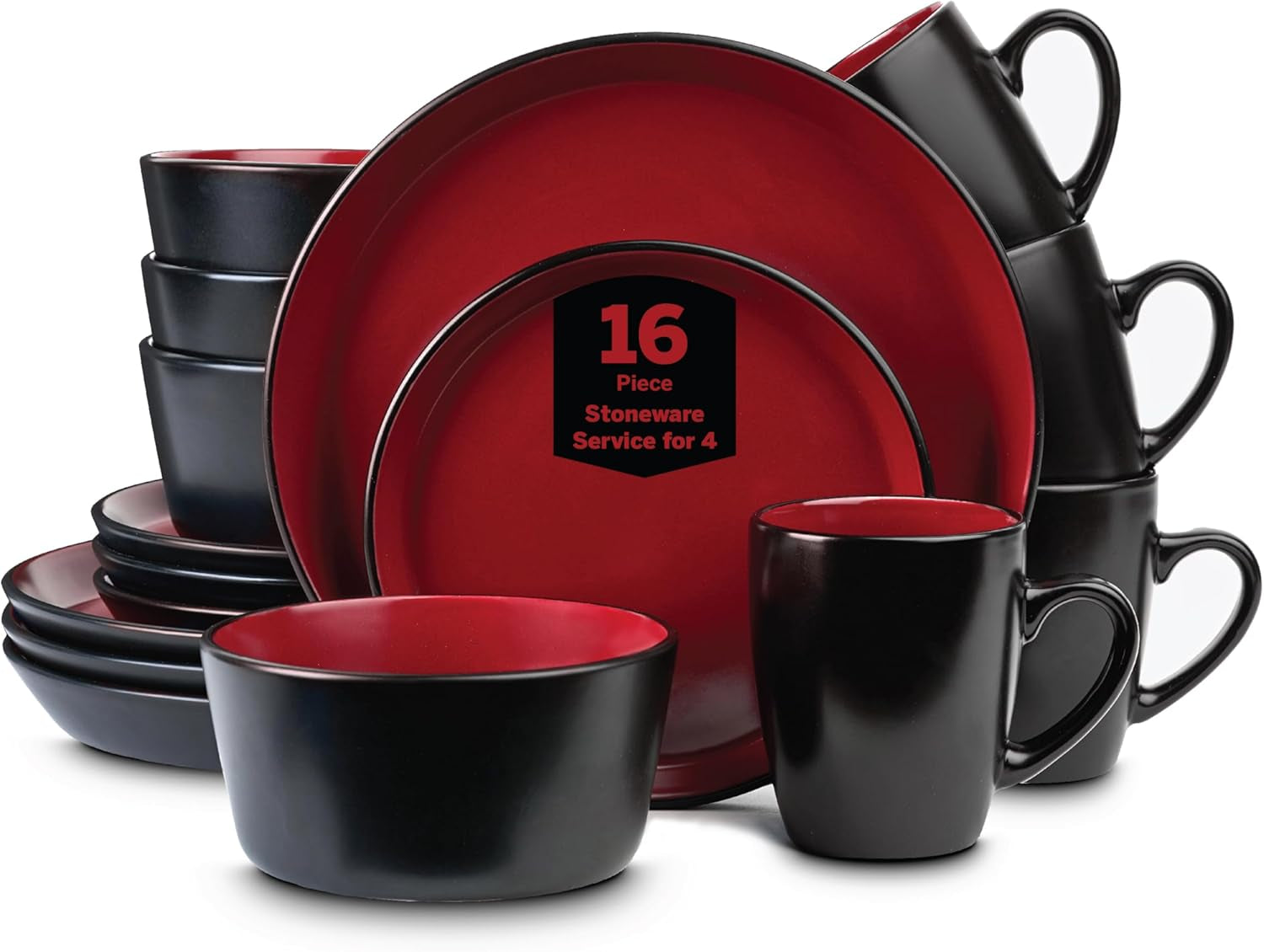 Albie Stoneware 16 Piece Dinnerware Set, Plates and Bowls Sets, Dish Set for 4, Red and Black, Microwave & Dishwasher Safe
