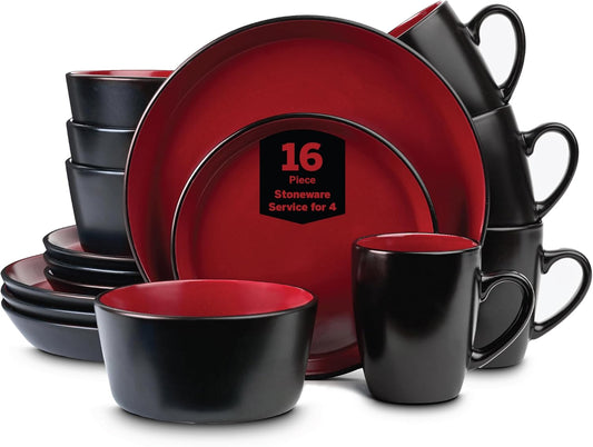 Albie Stoneware 16 Piece Dinnerware Set, Plates and Bowls Sets, Dish Set for 4, Red and Black, Microwave & Dishwasher Safe