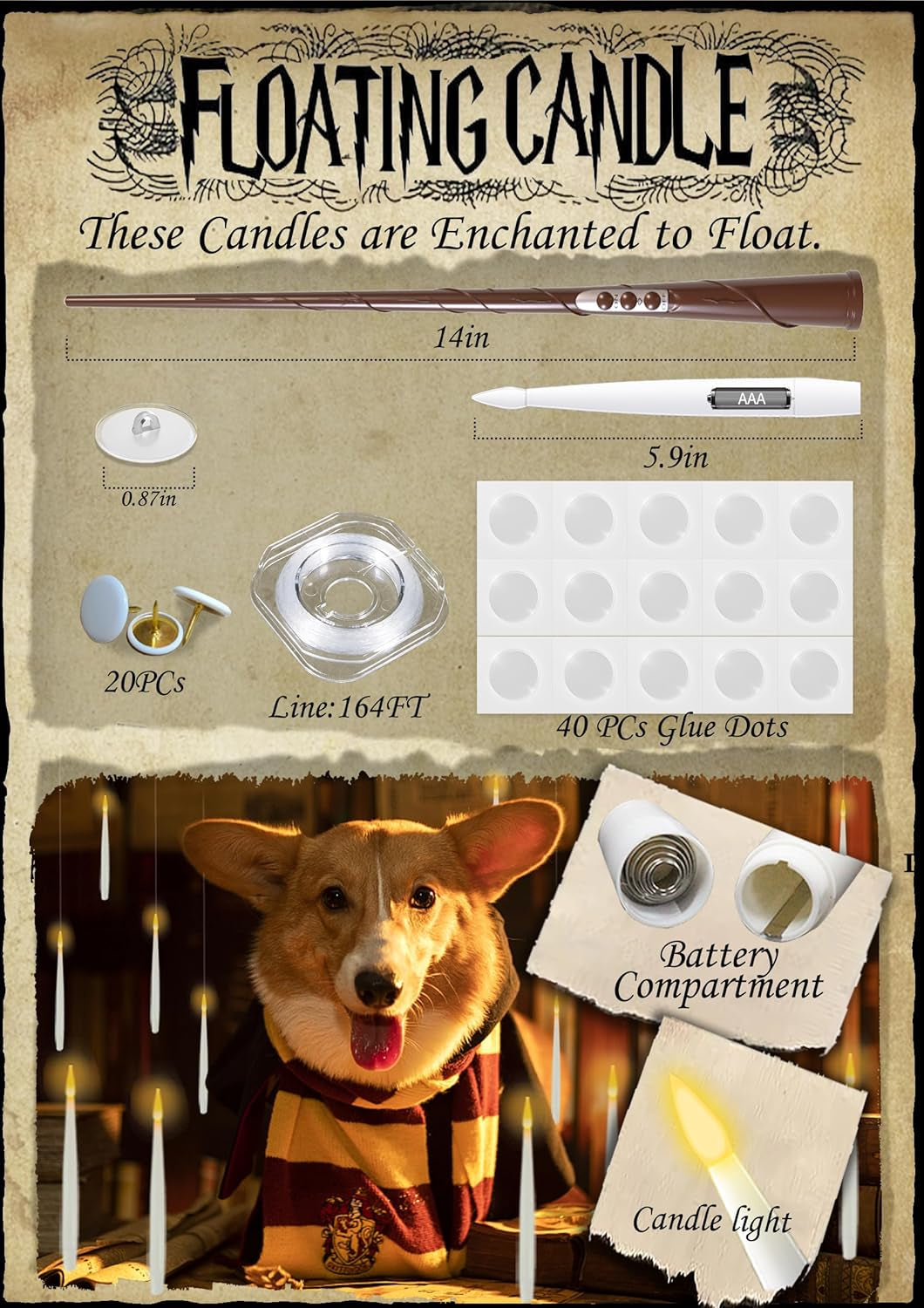 Halloween Decorations, 20 Pcs Floating Candles with Wand Magic Hanging Candles, Flickering Warm Light Flameless Floating LED Candle with Wand Remote, Battery Operated Taper Candle Set for Theme Party