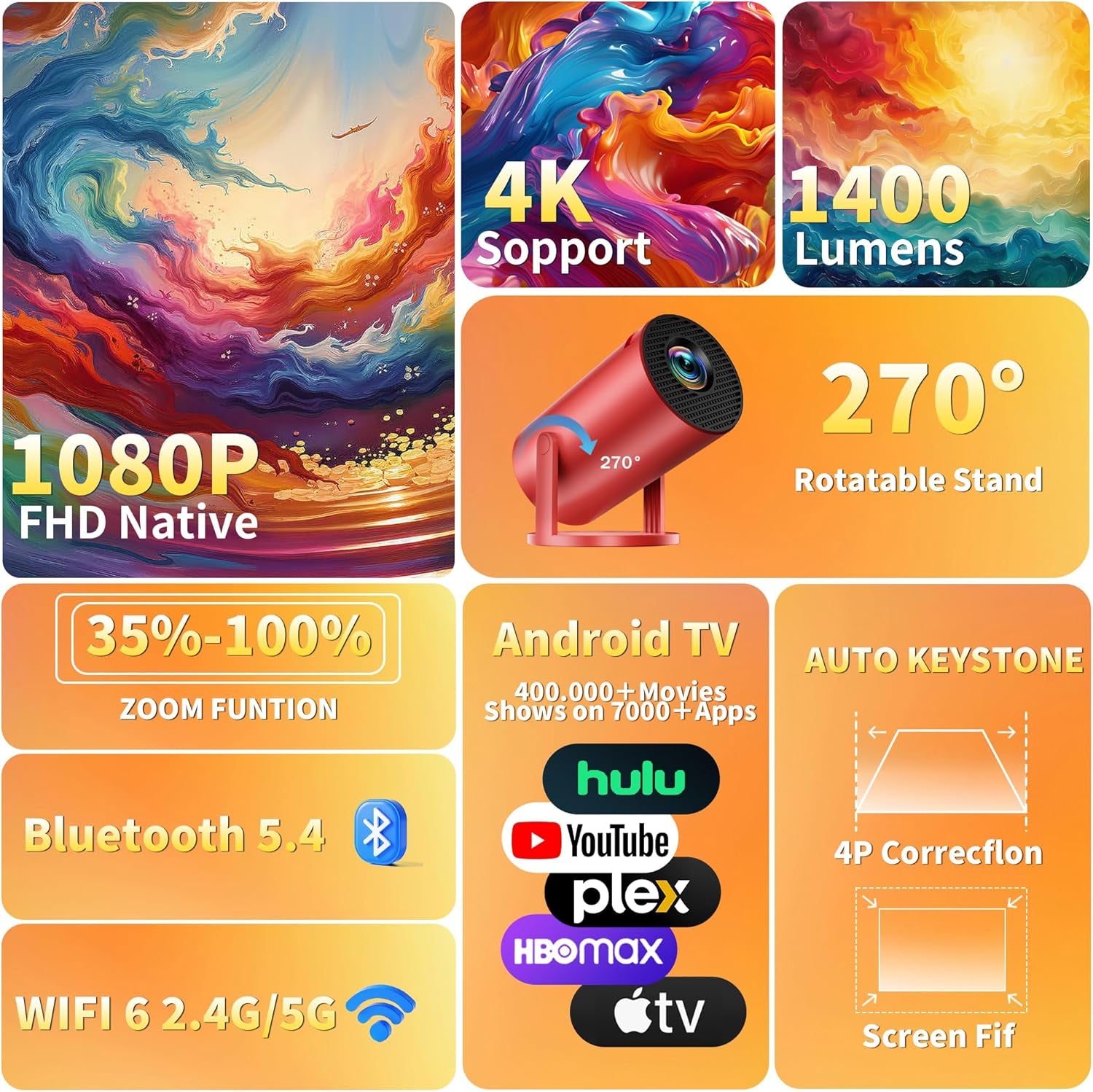 Mini Projector, Support 4K 1080P Portable Projector with Bidirectional WIFI6 5G and Bluetooth5.4, 270° Rotatable, Auto Keystone Correction, 35"-130" Video Projecto Compatible with HDMI/USB - Red