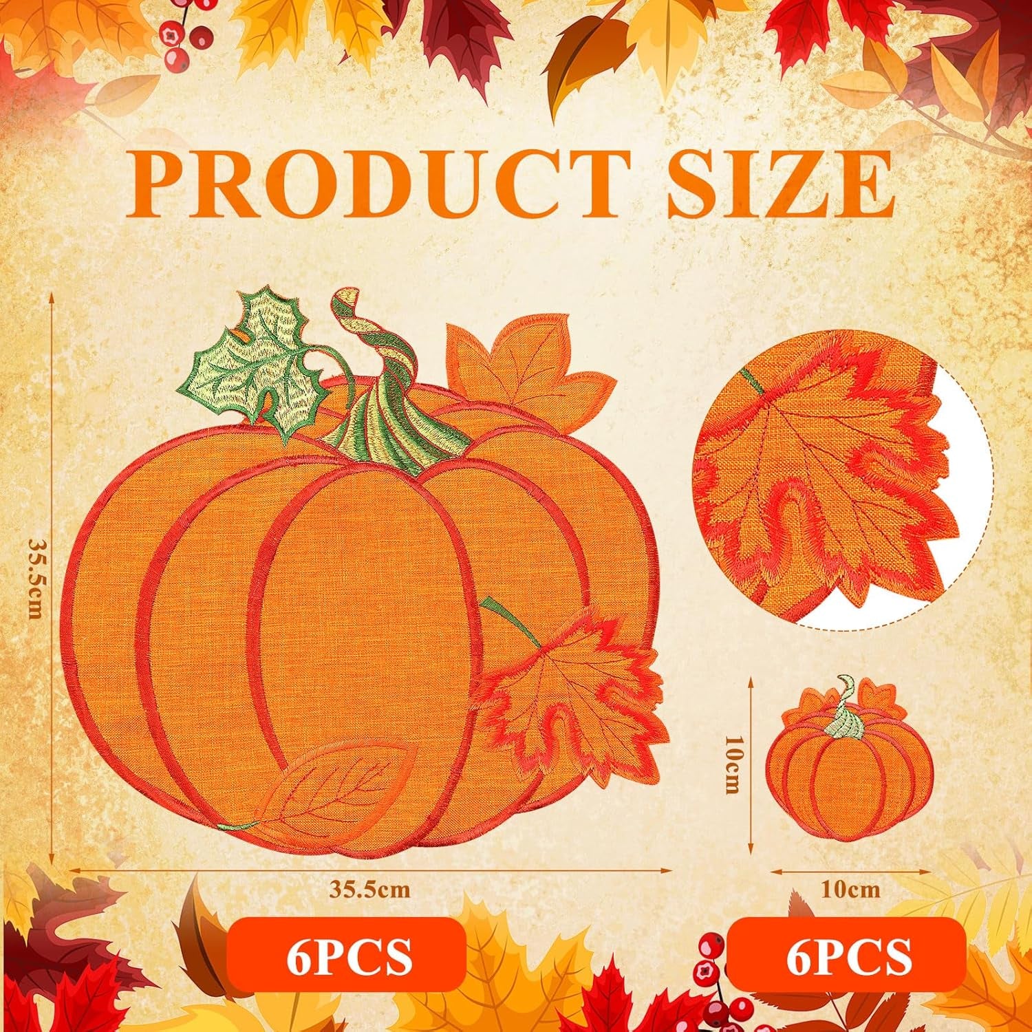 12 Pcs Fall Thanksgiving Embroidered Pumpkins Placemats and Coaster Set of 6 Autumn Harvest Table Placemats Washable Mats for Home Dinning Kitchen Decorations