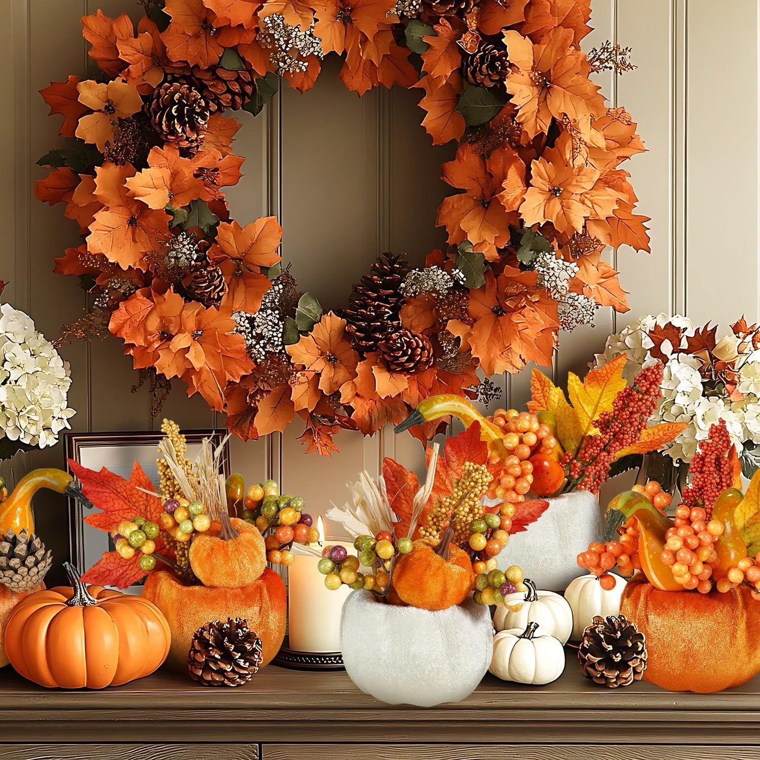 Set of 6 Artificial Pumpkins Decorations, Decorative Fabric Orange Pumpkin with Maple Berry Acorn Pine Cone Vegetables for Fall Thanksgiving Harvest Party Home Tabletop