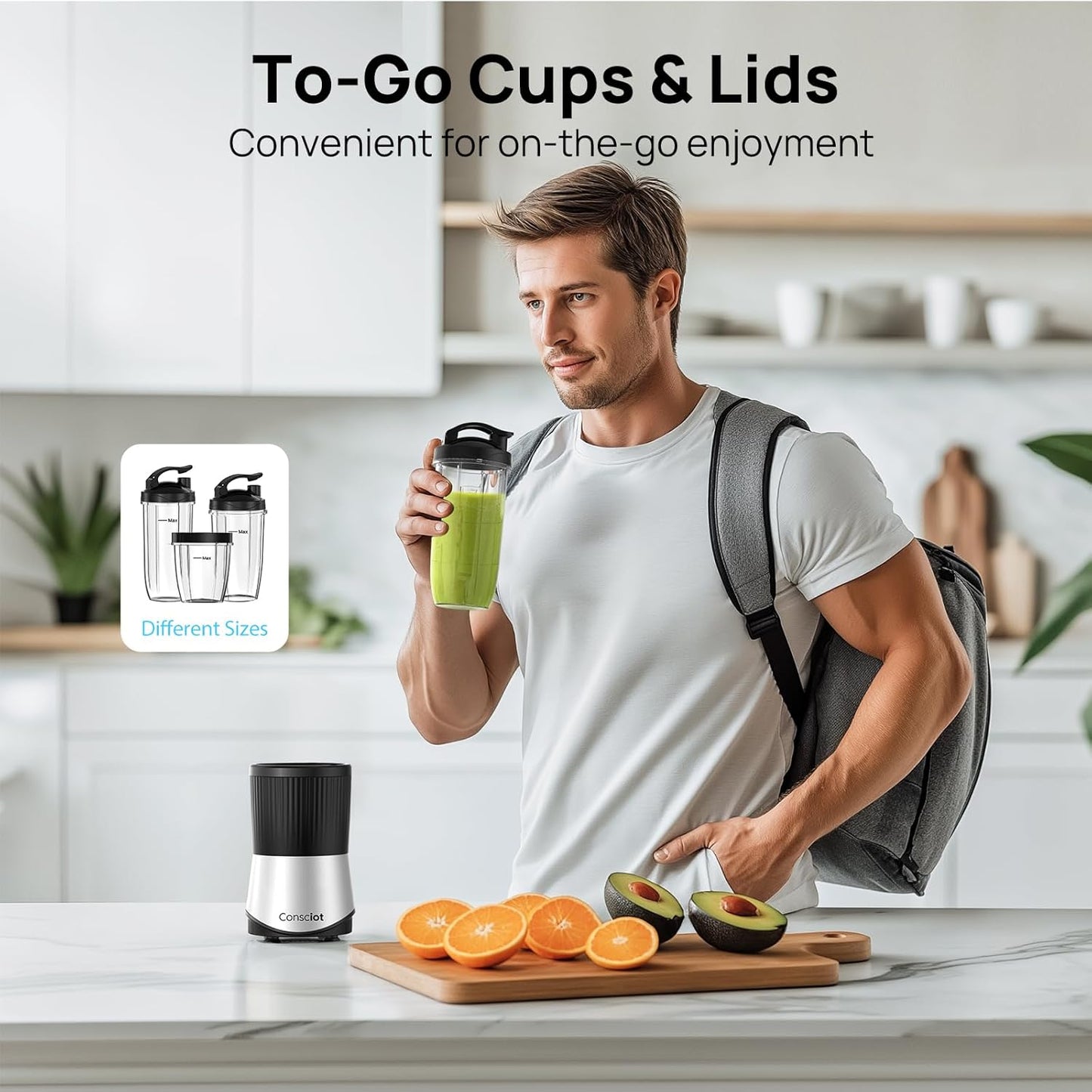 CB08 11-Piece Blender for Kitchen and Personal Size, Blend Shakes and Smoothies, Frozen Drinks, Baby Food, Spreads & More, 3 Portable To-Go Cups & 2 Spout Lids & 1 Solid Lid, 900 Peak Watts