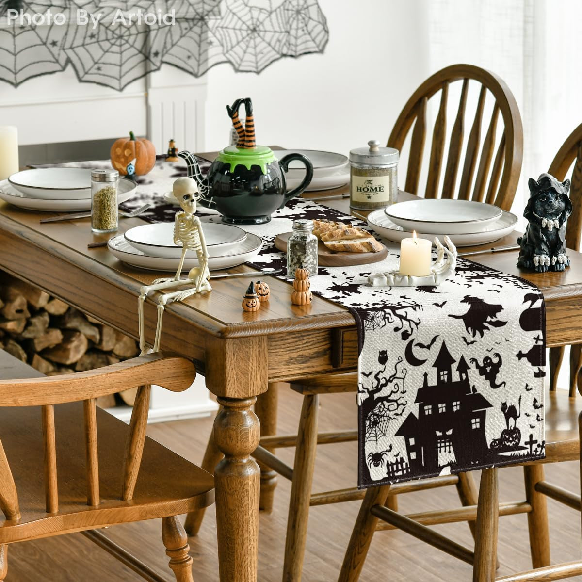 Black White Spooky Haunted House Tree Ghost Witch Halloween Table Runner, Fall Kitchen Dining Table Decoration for Home Party Decor 13X72 Inch