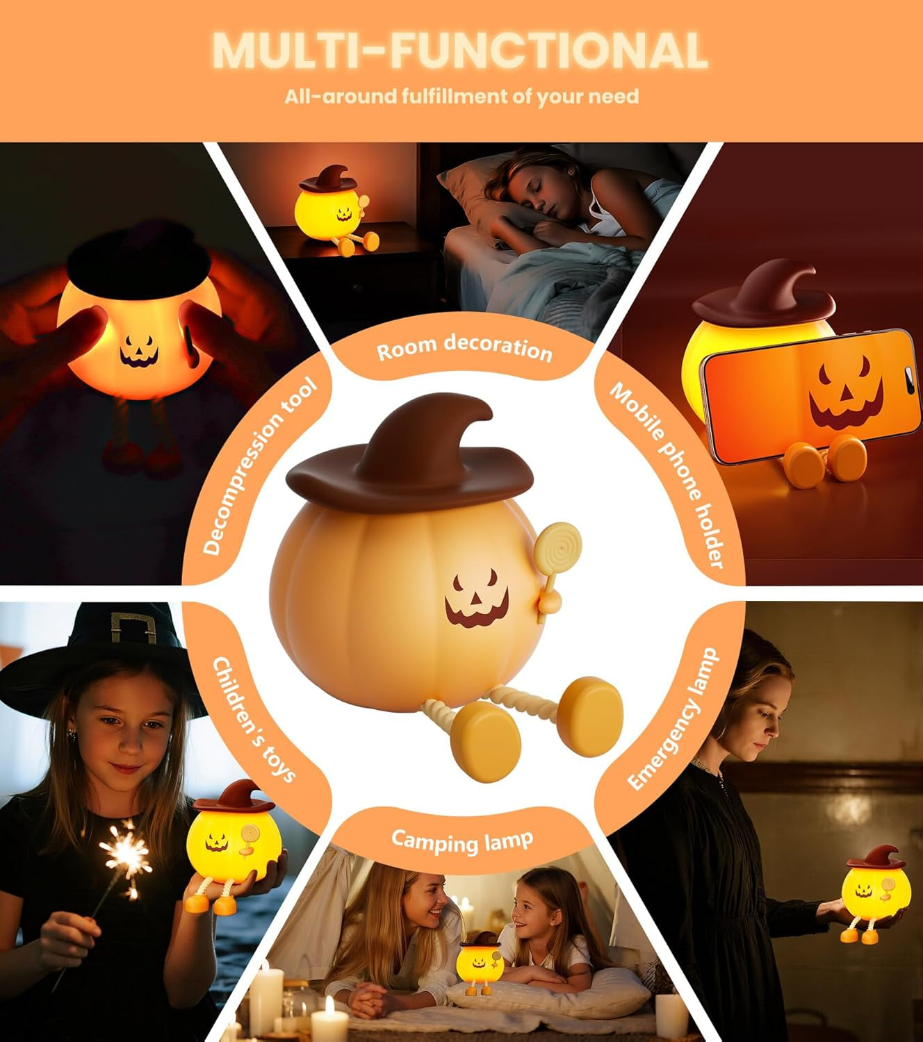 Upgraded Pumpkin Magic Night Light, Timer Function + 3-Level Brightness Adjustment Touch-Controlled Bedside Lamp, Usb-Charged Soft Silicone Children'S Nursery Night Light, Halloween Decoration & Gift