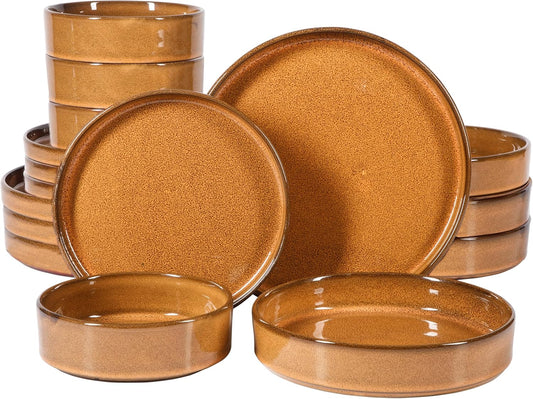 Santorini Mist Double Bowl Terracotta Reactive Glaze Plates and Bowls Dinnerware Set - Amber, Service for Four (16Pcs)