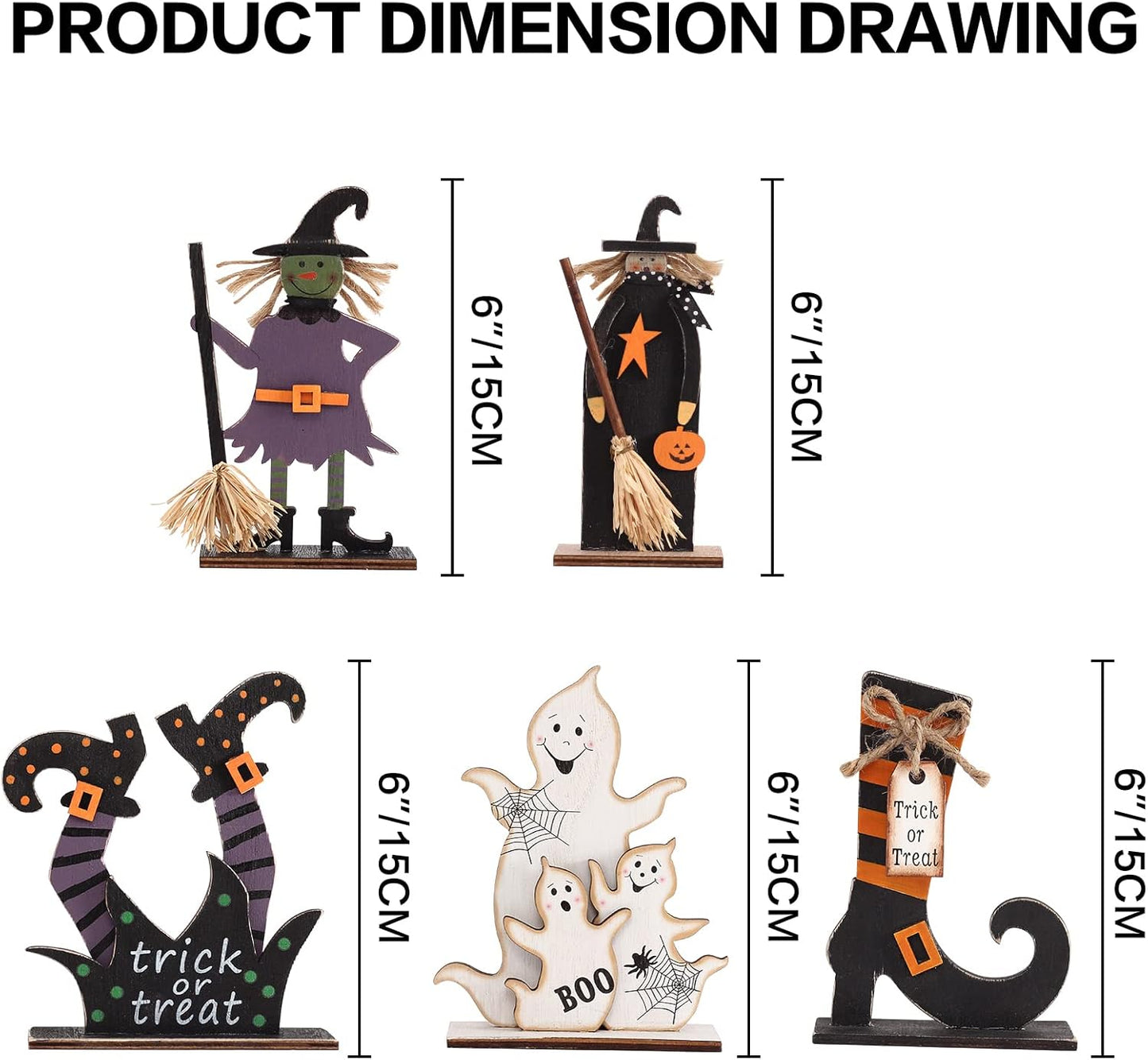 5Pcs Halloween Wooden Decorations, Halloween Tabletop Centerpiece Craft Decor Including Witch/Ghost/Shoes Decor for Home, Indoor, Holiday, Party Supplies, Kid'S Gift.