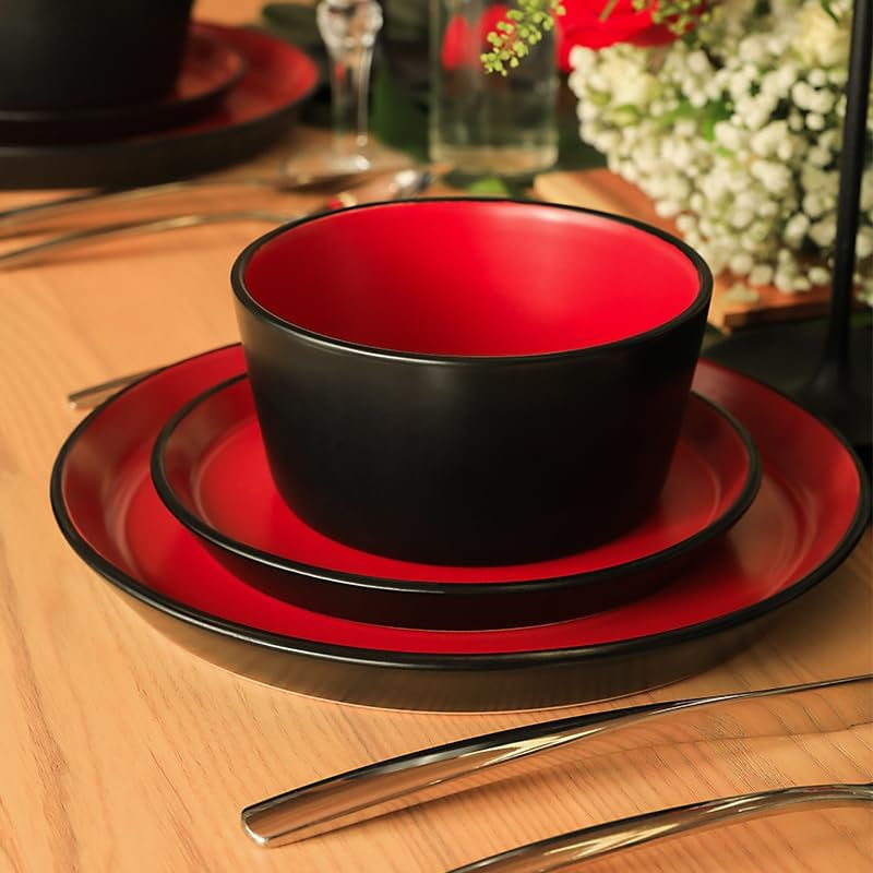 Albie Stoneware 16 Piece Dinnerware Set, Plates and Bowls Sets, Dish Set for 4, Red and Black, Microwave & Dishwasher Safe