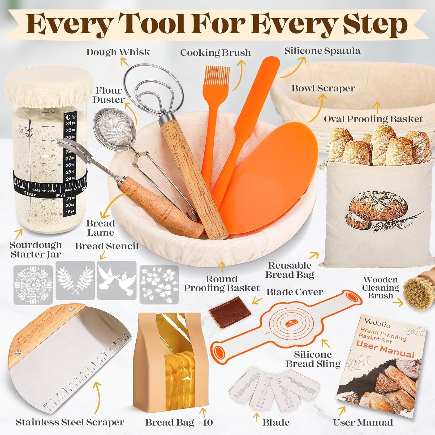 Sourdough Bread Baking Supplies, Sourdough Starter Kit, Bread Proofing Basket, Bread Making Tools Kit, Sour Dough Kit Tools, Sourdough Proofing Basket, Sourdough Kit Gifts for Bakers Women Wife Mom