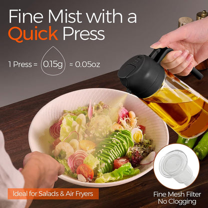 16Oz/470Ml Glass Olive Oil Sprayer for Cooking with Stickers, 2 in 1 Oil Dispenser for Kitchen Gadgets, Food Grade Premium Spray Bottle with Portion Control for Salad, Frying, BBQ (Black)