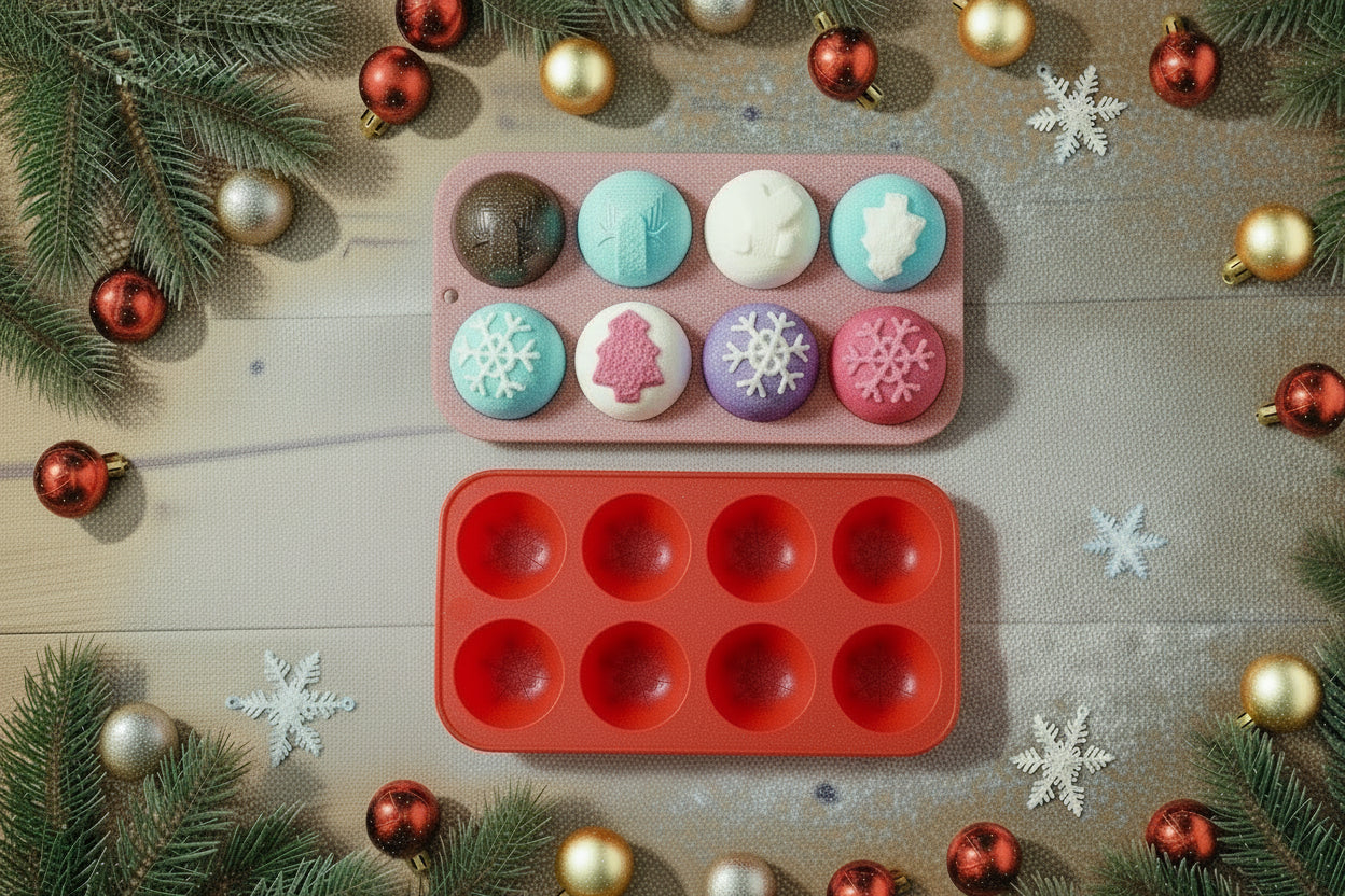 2 Pcs Christmas Hot Cocoa Bomb Mold, 8-Cavity Christmas Hot Chocolate Bomb Mold with Xmas Tree Snowflake Snowman Shape Half Sphere round Chocolate Silicone Molds for Mousse Cake Jelly Pudding Jello