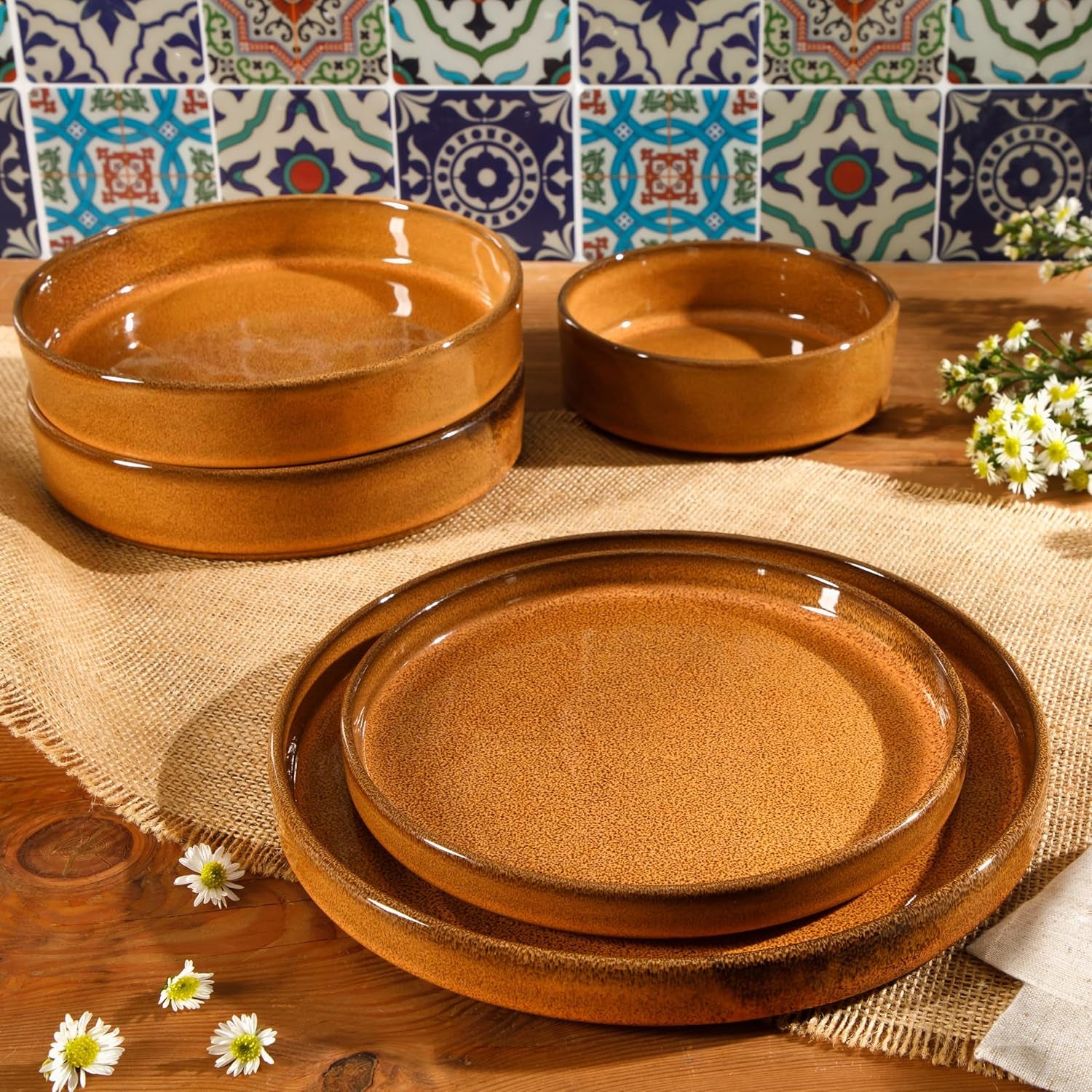Santorini Mist Double Bowl Terracotta Reactive Glaze Plates and Bowls Dinnerware Set - Amber, Service for Four (16Pcs)