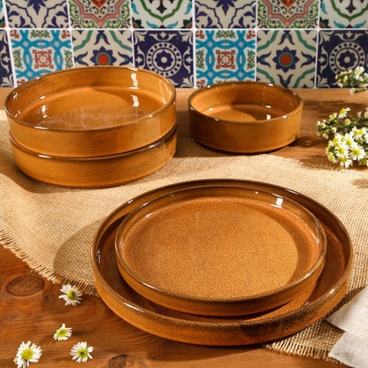 Santorini Mist Double Bowl Terracotta Reactive Glaze Plates and Bowls Dinnerware Set - Amber, Service for Four (16Pcs)