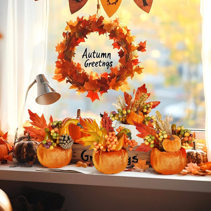 Set of 6 Artificial Pumpkins Decorations, Decorative Fabric Orange Pumpkin with Maple Berry Acorn Pine Cone Vegetables for Fall Thanksgiving Harvest Party Home Tabletop