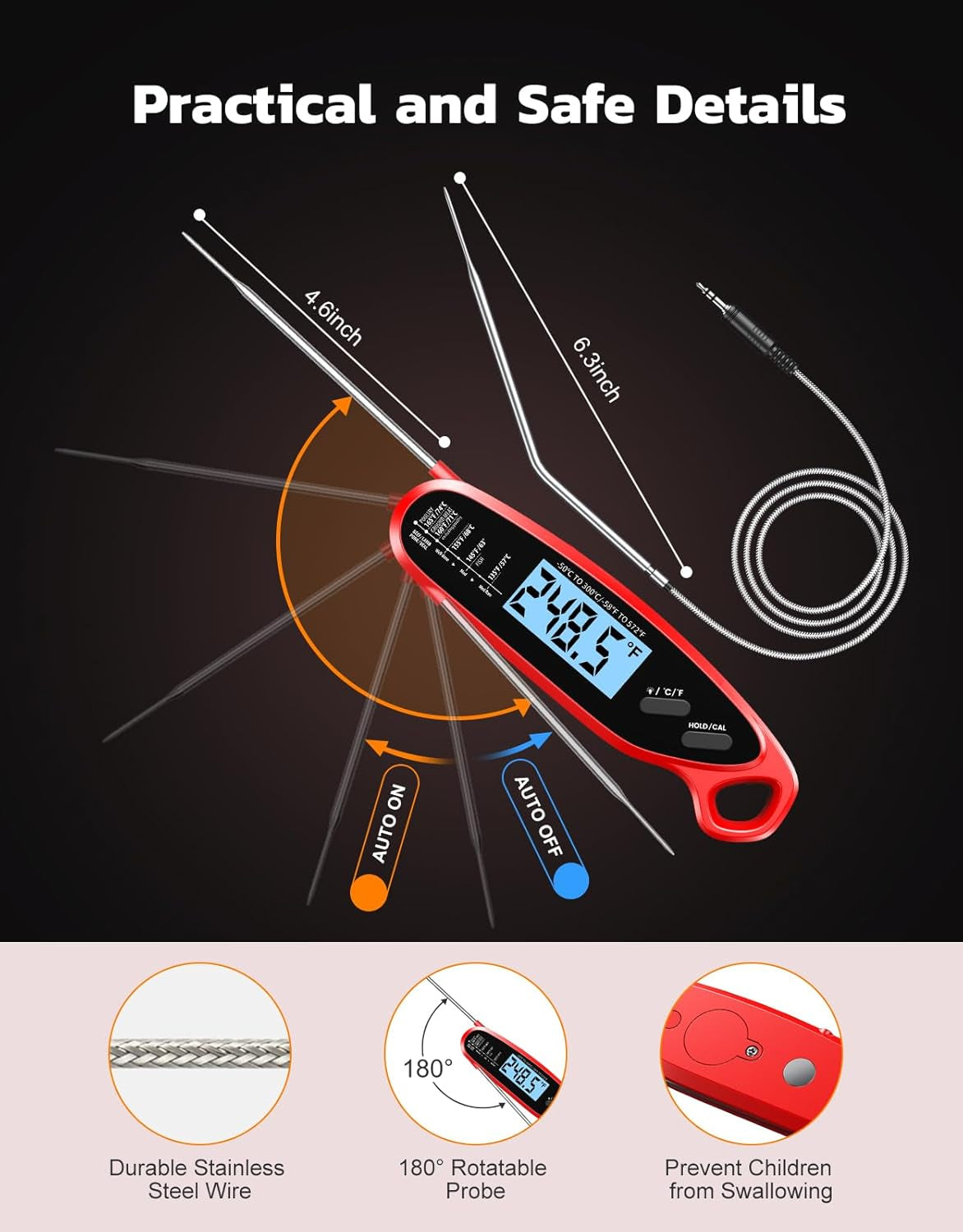 Instant Read Meat Thermometer Digital for Cooking & Grilling with Dual Probe, Kitchen Food Thermometer for Turkey Grill Smoker BBQ Oven Candy Oil Fry, Christmas Gifts Stocking Stuffers for Men