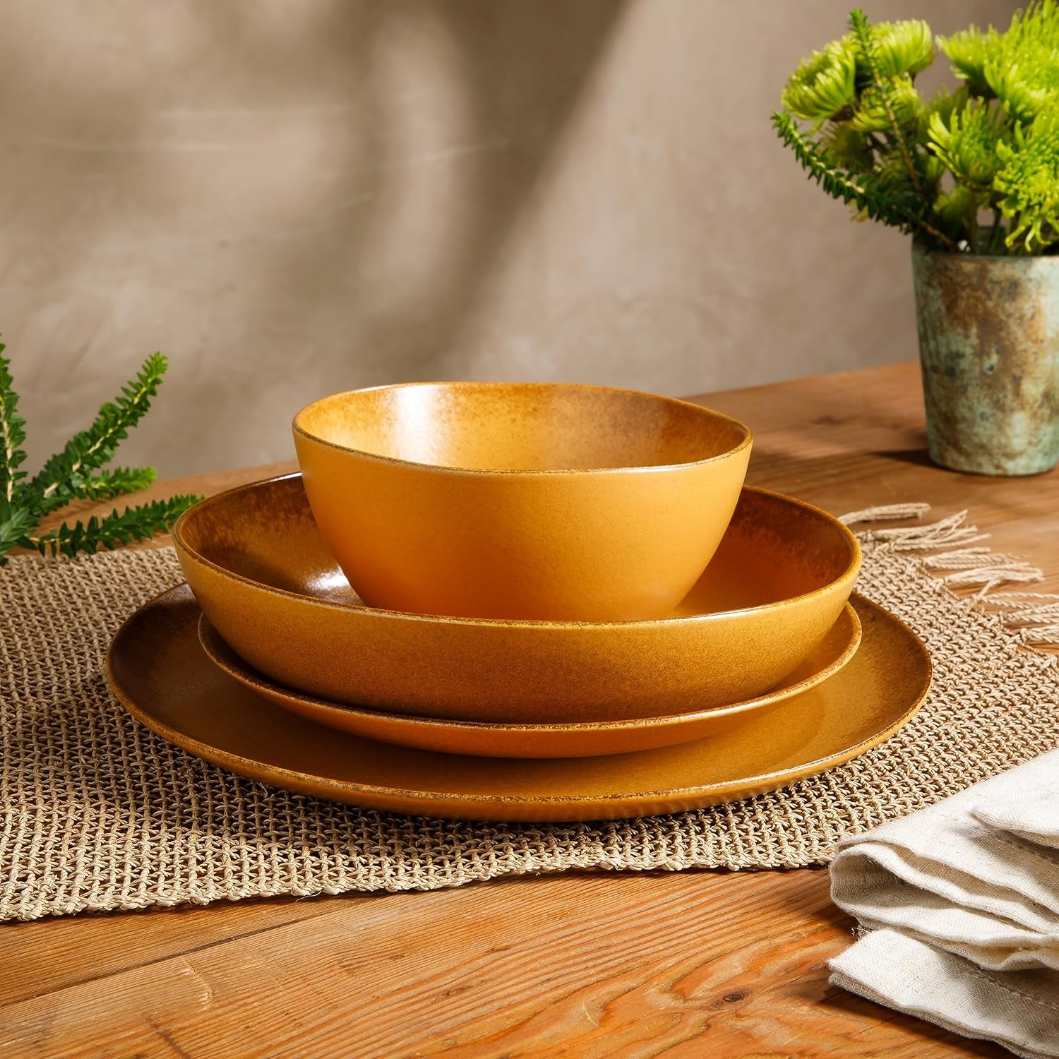 Palermo Sun Double Bowl Stoneware Reactive Glaze Plates and Bowls Dinnerware Set - Tumeric Yellow, Service for Four (16Pcs)