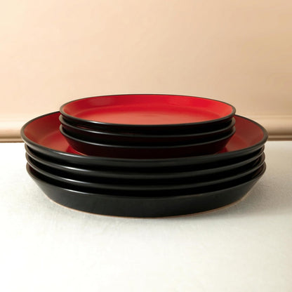 Albie Stoneware 16 Piece Dinnerware Set, Plates and Bowls Sets, Dish Set for 4, Red and Black, Microwave & Dishwasher Safe