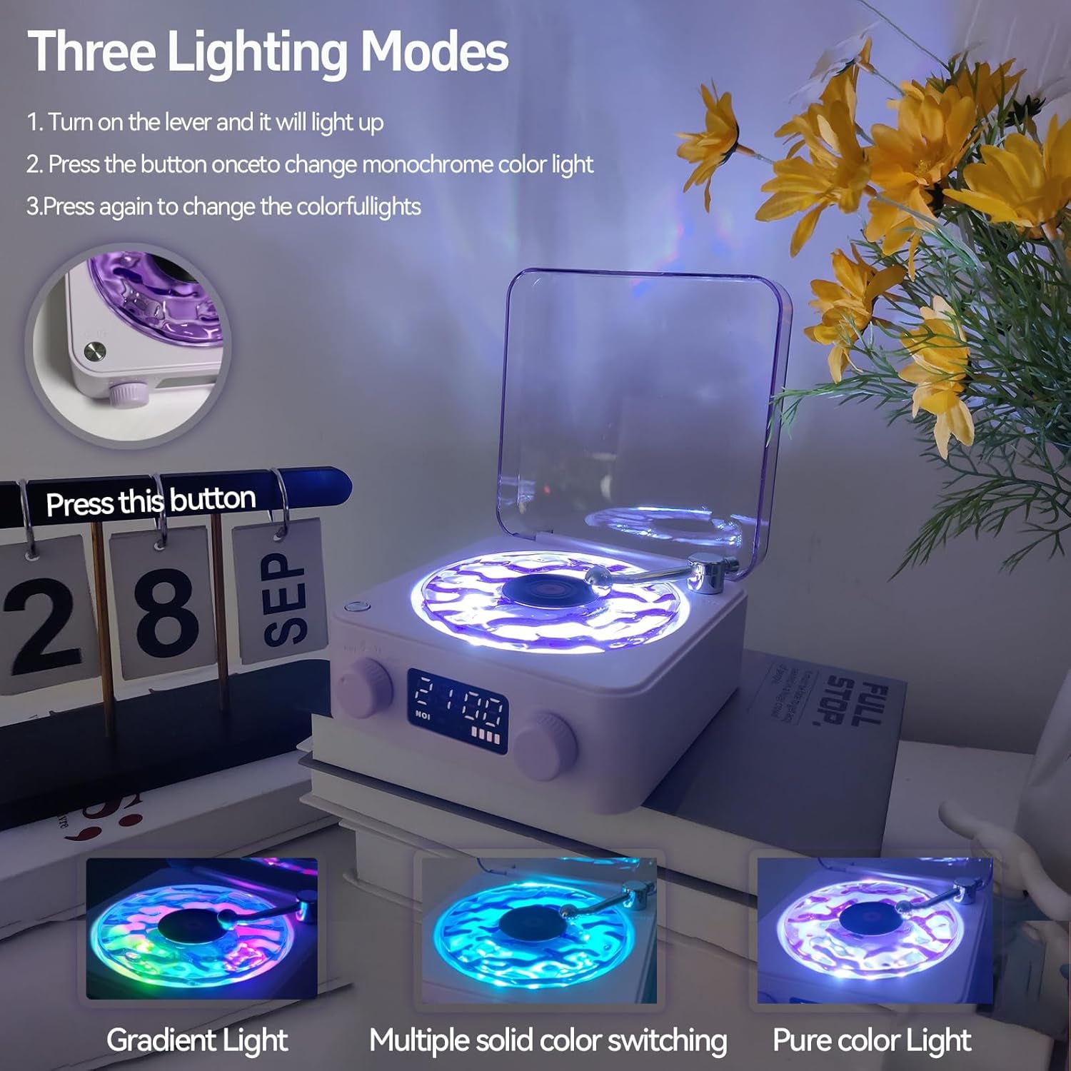 Aqua Vinyl Speaker, Waves Vinyl Bluetooth Speaker, the Waves Vinyl Player with Adjustable Light and Time for Bedroom, Office, Party, Purple
