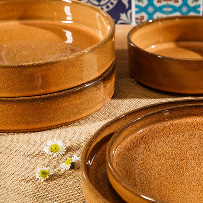 Santorini Mist Double Bowl Terracotta Reactive Glaze Plates and Bowls Dinnerware Set - Amber, Service for Four (16Pcs)