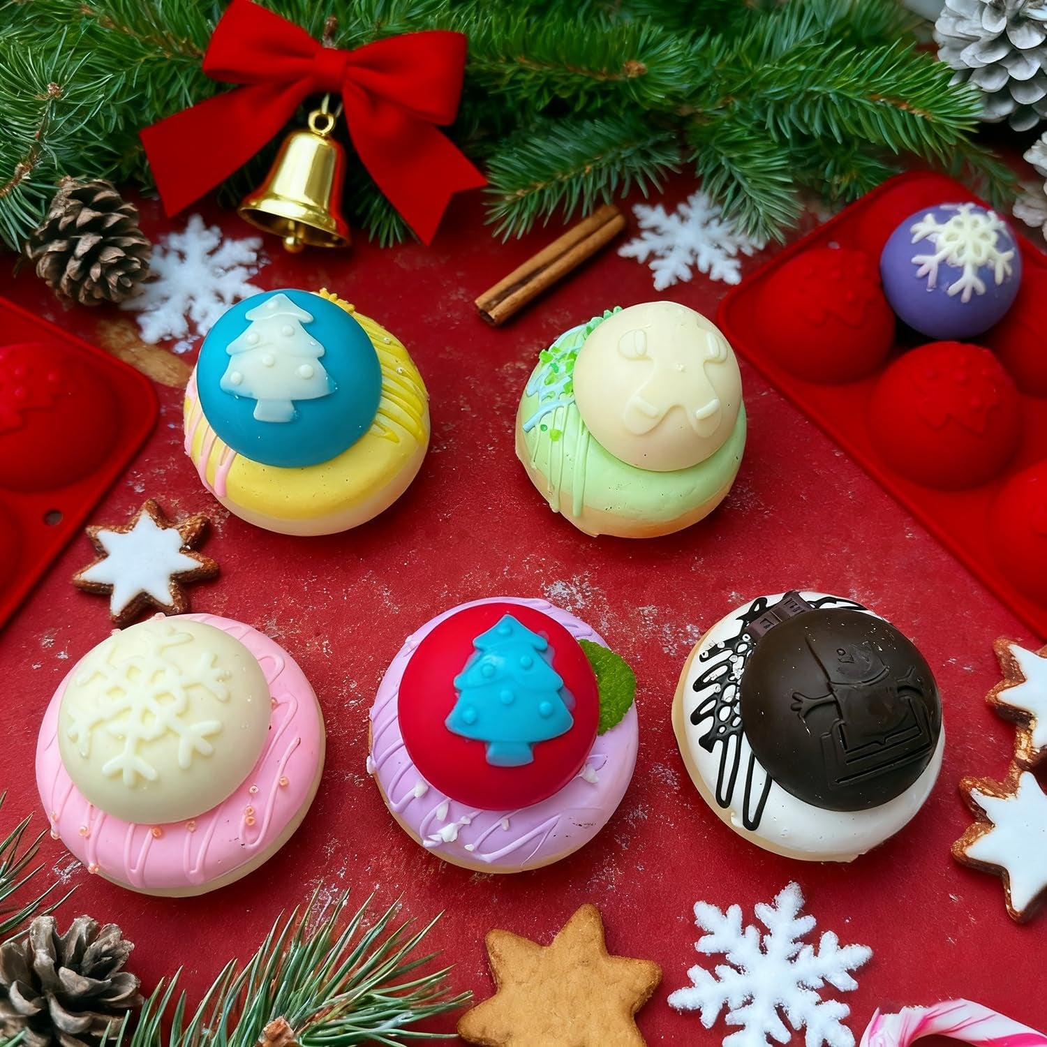2 Pcs Christmas Hot Cocoa Bomb Mold, 8-Cavity Christmas Hot Chocolate Bomb Mold with Xmas Tree Snowflake Snowman Shape Half Sphere round Chocolate Silicone Molds for Mousse Cake Jelly Pudding Jello