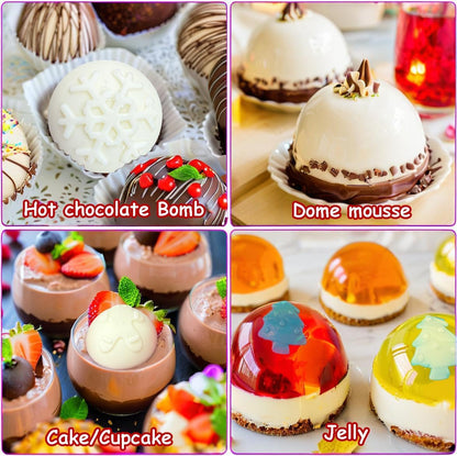 2 Pcs Christmas Hot Cocoa Bomb Mold, 8-Cavity Christmas Hot Chocolate Bomb Mold with Xmas Tree Snowflake Snowman Shape Half Sphere round Chocolate Silicone Molds for Mousse Cake Jelly Pudding Jello