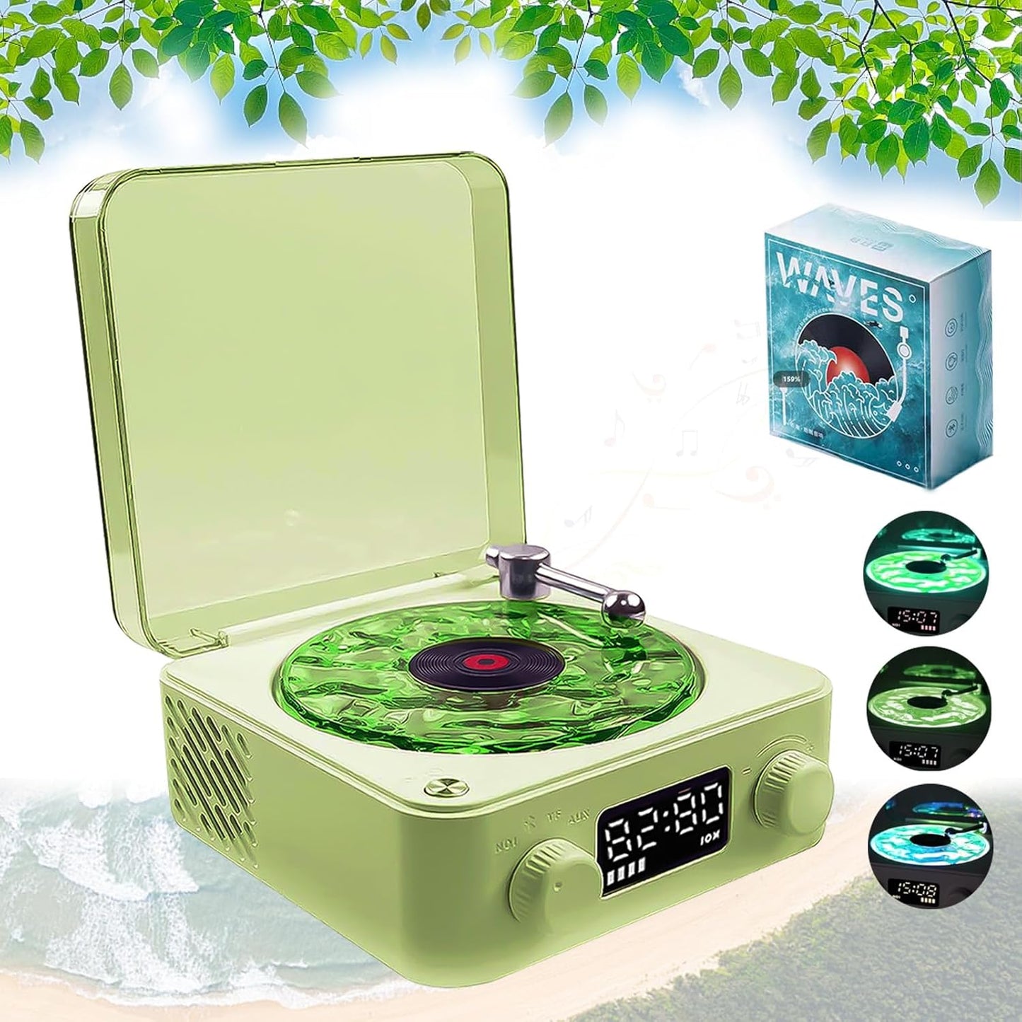 Aqua Vinyl Speaker, Waves Vinyl Bluetooth Speaker, the Waves Vinyl Player with Adjustable Light and Time for Bedroom, Office, Party, Purple