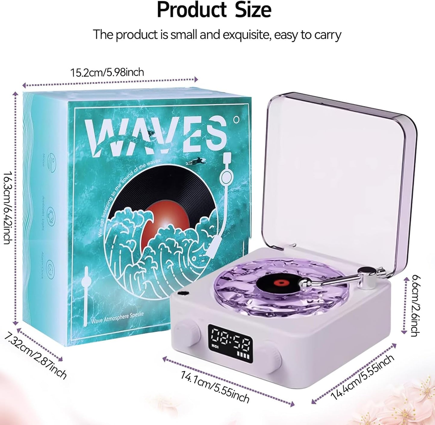 Aqua Vinyl Speaker, Waves Vinyl Bluetooth Speaker, the Waves Vinyl Player with Adjustable Light and Time for Bedroom, Office, Party, Purple
