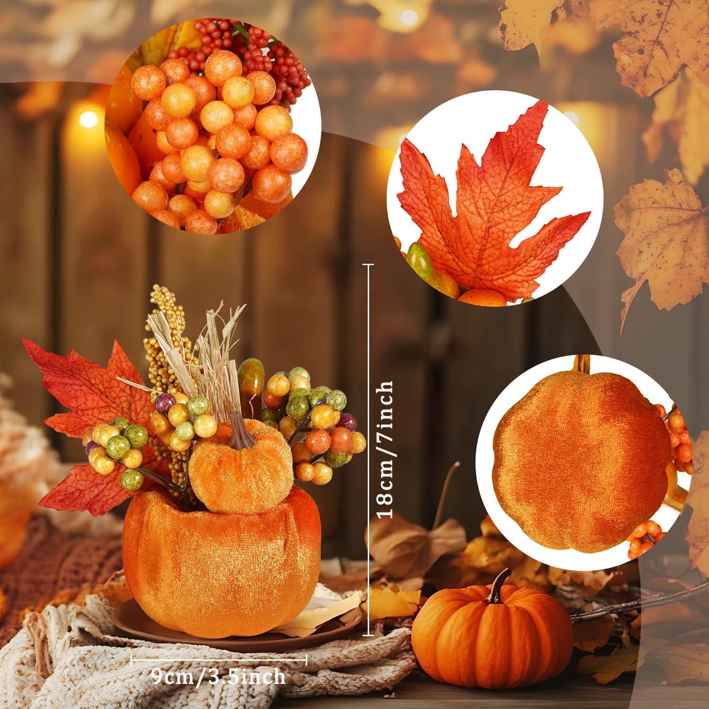 Set of 6 Artificial Pumpkins Decorations, Decorative Fabric Orange Pumpkin with Maple Berry Acorn Pine Cone Vegetables for Fall Thanksgiving Harvest Party Home Tabletop