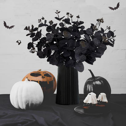 5 Pcs Black Artificial Eucalyptus Stems Faux Eucalyptuses Branches Black Leaf Halloween Centerpiece Halloween Home Decor (Black, 5)