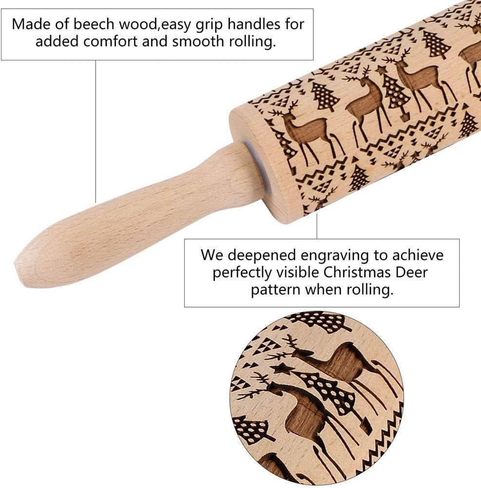 Christmas Wooden Rolling Pins, Xmas 3D Reindeer Shape Decor Embossing Rolling Pin,Christmas Patterned Rolling Pin Baking Tools (Christmas Reindeer)