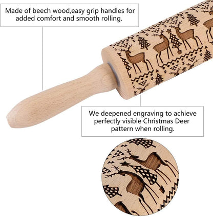 Christmas Wooden Rolling Pins, Xmas 3D Reindeer Shape Decor Embossing Rolling Pin,Christmas Patterned Rolling Pin Baking Tools (Christmas Reindeer)