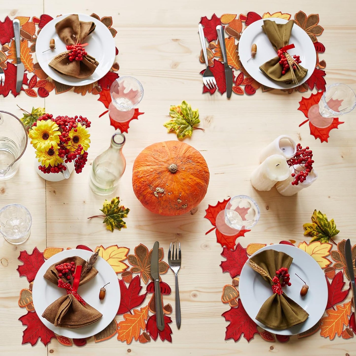 12 Pcs Thanksgiving Maple Leaves Placemats and Coaster Set of 6 Leaf Table Placemats 11 X 17 Inches Embroidered Washable Mats for Thanksgiving Fall Autumn Harvest Decorations
