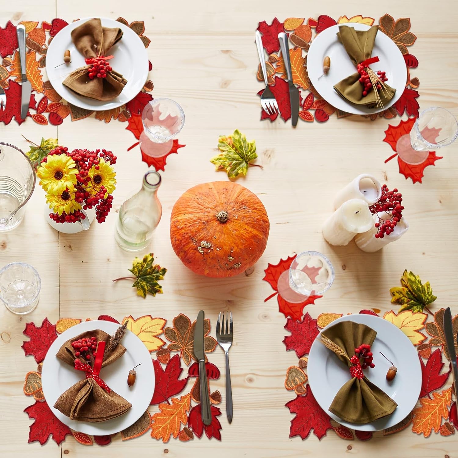 12 Pcs Thanksgiving Maple Leaves Placemats and Coaster Set of 6 Leaf Table Placemats 11 X 17 Inches Embroidered Washable Mats for Thanksgiving Fall Autumn Harvest Decorations