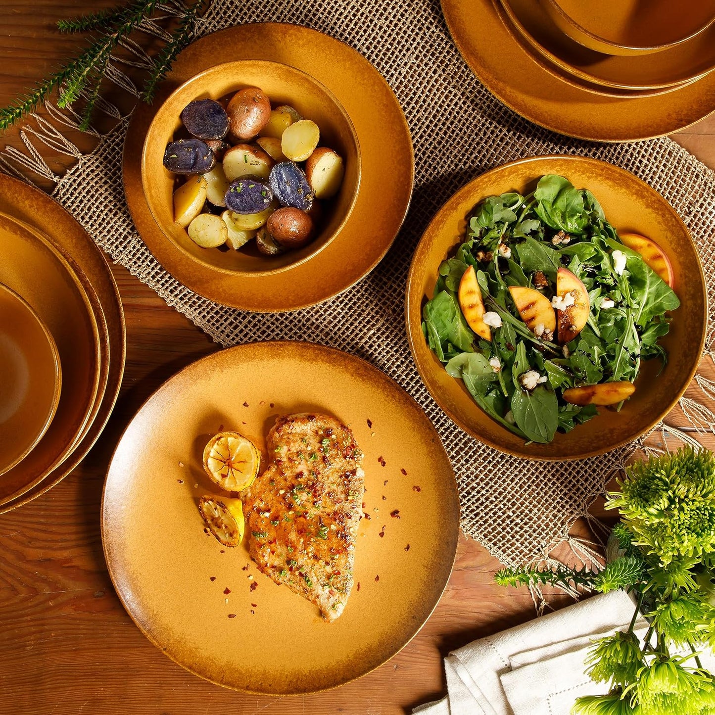 Palermo Sun Double Bowl Stoneware Reactive Glaze Plates and Bowls Dinnerware Set - Tumeric Yellow, Service for Four (16Pcs)