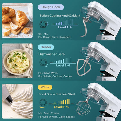 6-IN-1 Stand Mixer, 8.5 Qt. Multifunctional Electric Kitchen Mixer with Beater, Whisk, Dough Hook, Meat Grinder and Other Accessories for Most Home Cooks, SM-1507BM, Silvery