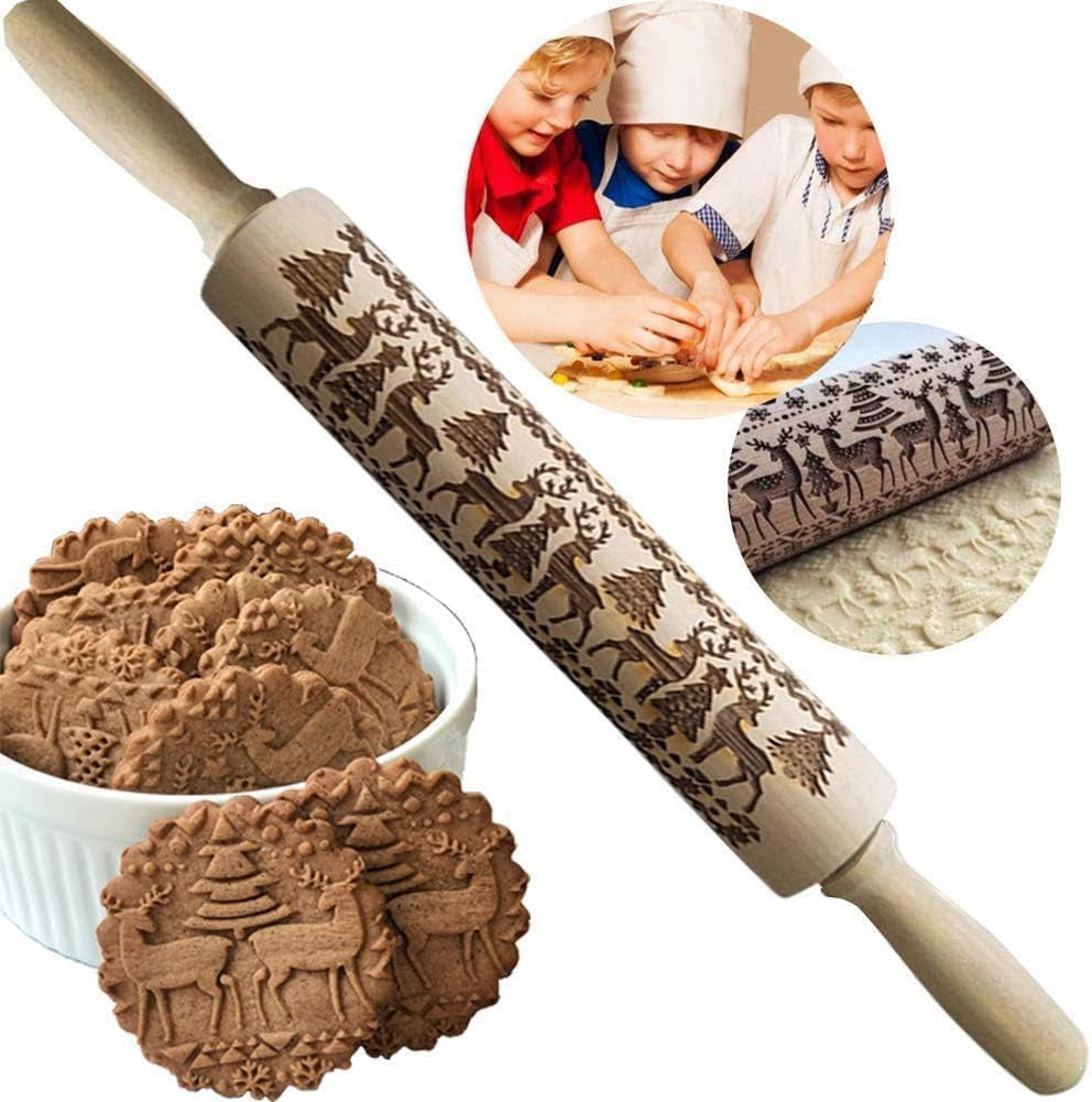 Christmas Wooden Rolling Pins, Xmas 3D Reindeer Shape Decor Embossing Rolling Pin,Christmas Patterned Rolling Pin Baking Tools (Christmas Reindeer)