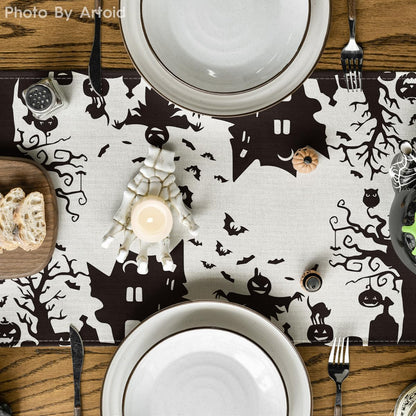 Black White Spooky Haunted House Tree Ghost Witch Halloween Table Runner, Fall Kitchen Dining Table Decoration for Home Party Decor 13X72 Inch