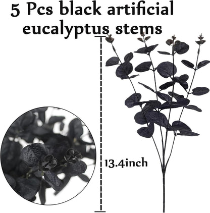 5 Pcs Black Artificial Eucalyptus Stems Faux Eucalyptuses Branches Black Leaf Halloween Centerpiece Halloween Home Decor (Black, 5)