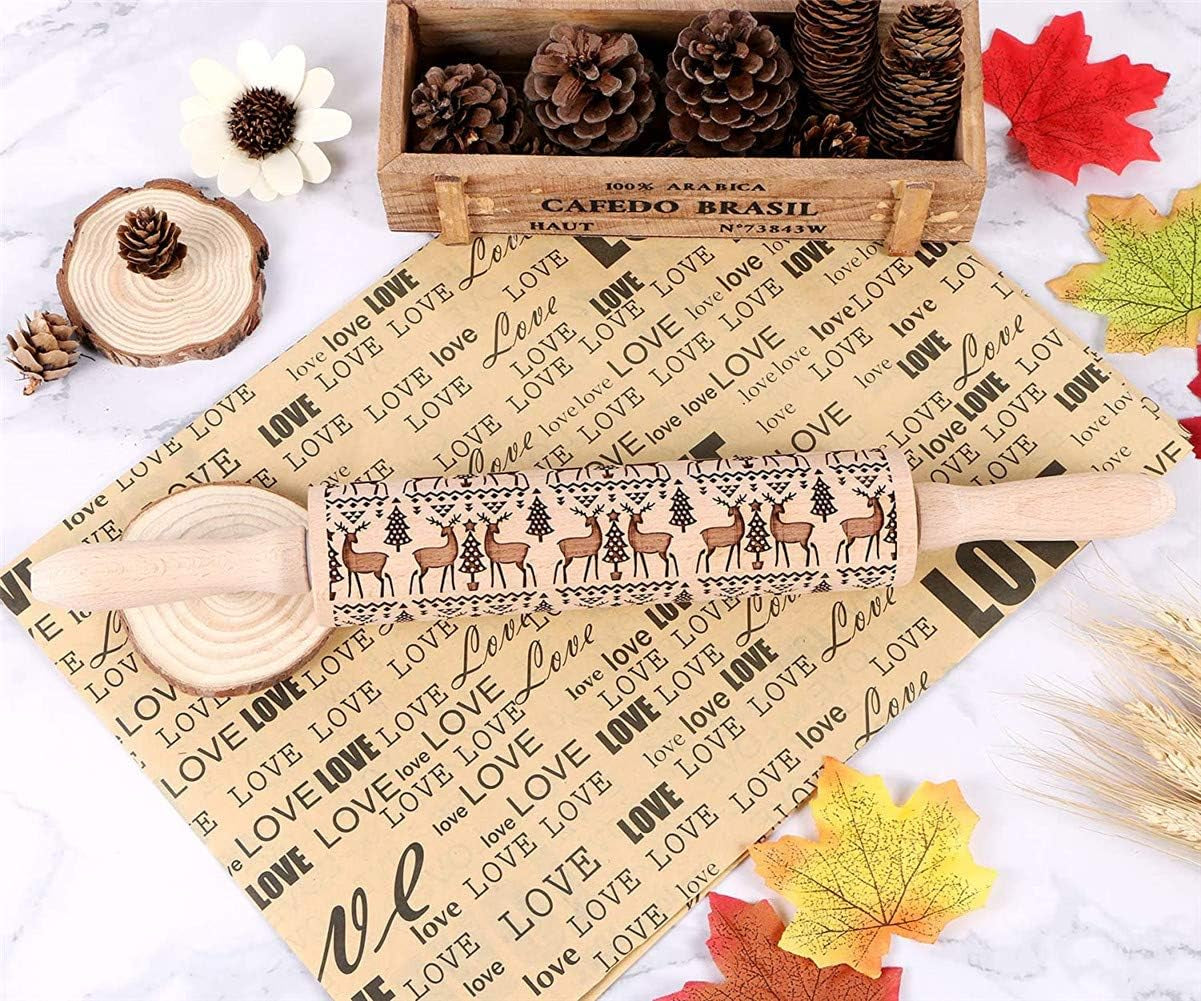 Christmas Wooden Rolling Pins, Xmas 3D Reindeer Shape Decor Embossing Rolling Pin,Christmas Patterned Rolling Pin Baking Tools (Christmas Reindeer)