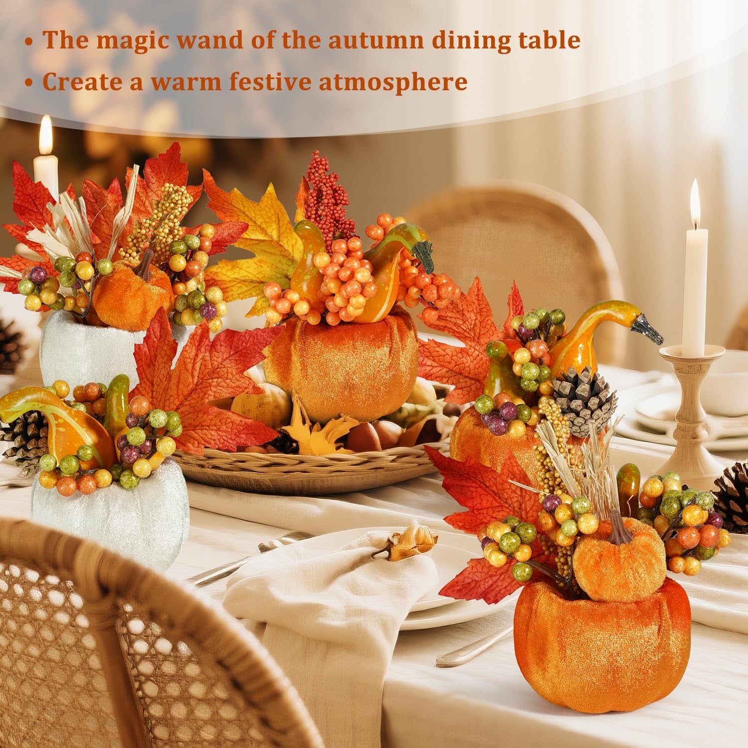 Set of 6 Artificial Pumpkins Decorations, Decorative Fabric Orange Pumpkin with Maple Berry Acorn Pine Cone Vegetables for Fall Thanksgiving Harvest Party Home Tabletop