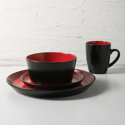 Albie Stoneware 16 Piece Dinnerware Set, Plates and Bowls Sets, Dish Set for 4, Red and Black, Microwave & Dishwasher Safe