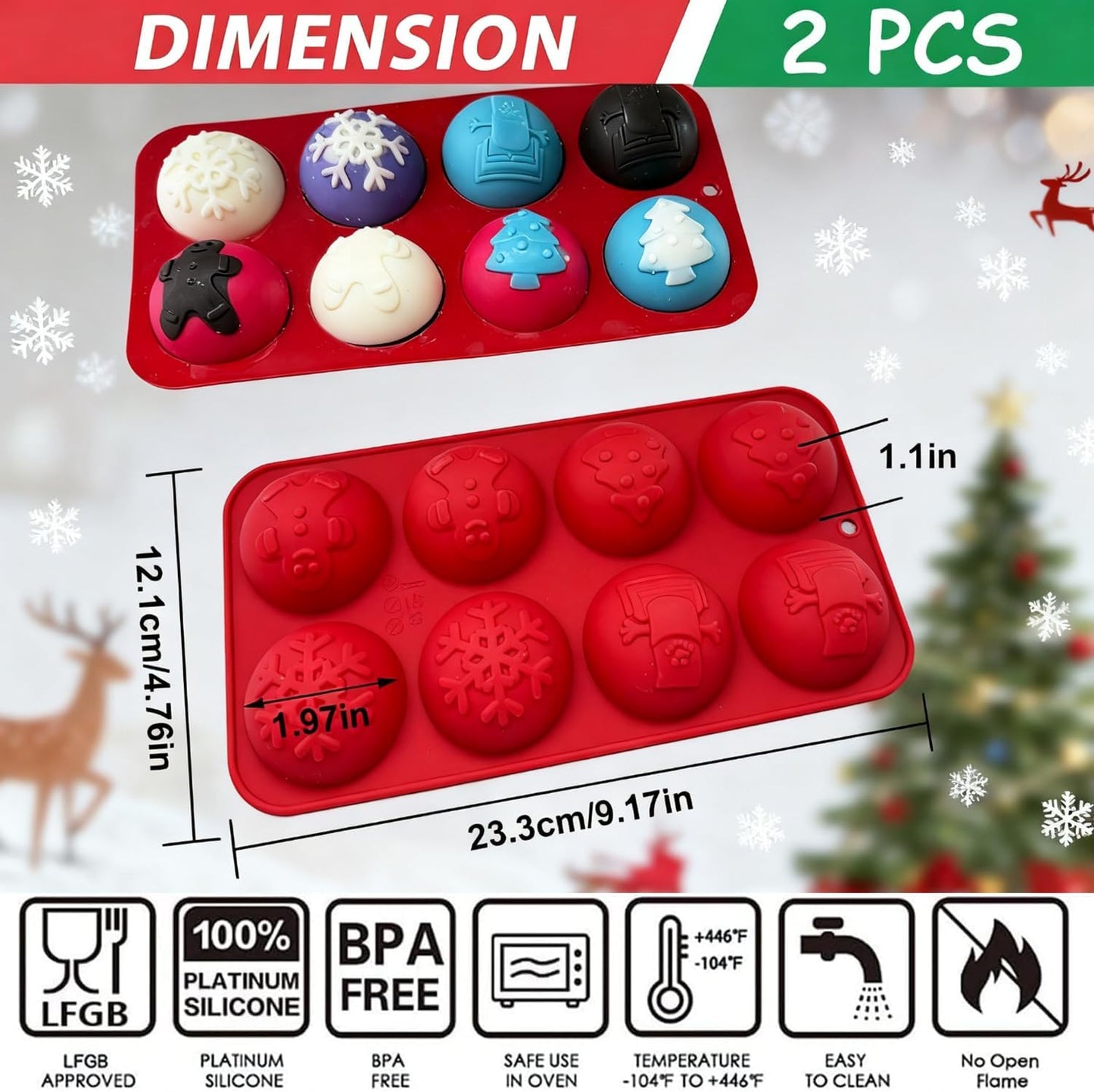 2 Pcs Christmas Hot Cocoa Bomb Mold, 8-Cavity Christmas Hot Chocolate Bomb Mold with Xmas Tree Snowflake Snowman Shape Half Sphere round Chocolate Silicone Molds for Mousse Cake Jelly Pudding Jello