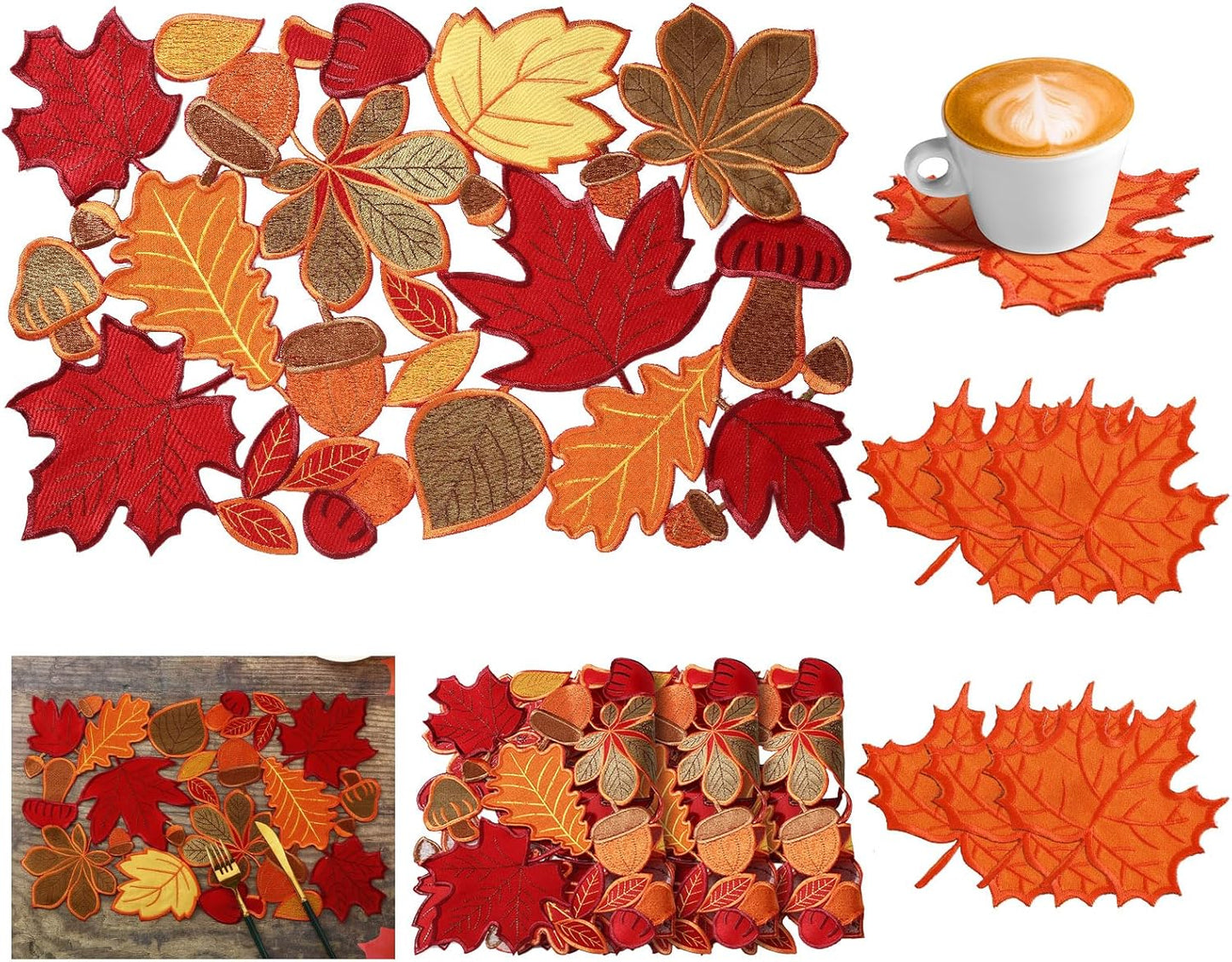 12 Pcs Thanksgiving Maple Leaves Placemats and Coaster Set of 6 Leaf Table Placemats 11 X 17 Inches Embroidered Washable Mats for Thanksgiving Fall Autumn Harvest Decorations