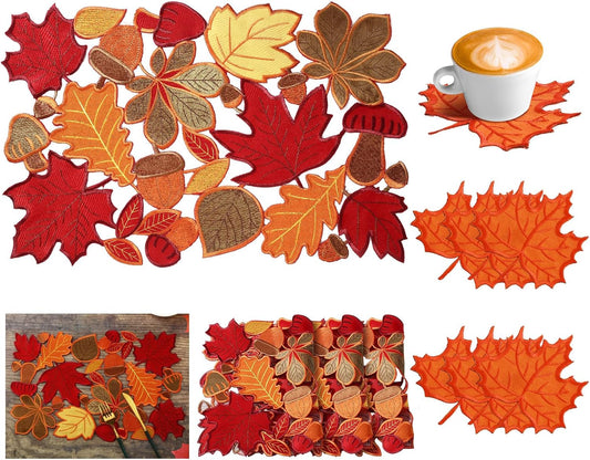 12 Pcs Thanksgiving Maple Leaves Placemats and Coaster Set of 6 Leaf Table Placemats 11 X 17 Inches Embroidered Washable Mats for Thanksgiving Fall Autumn Harvest Decorations