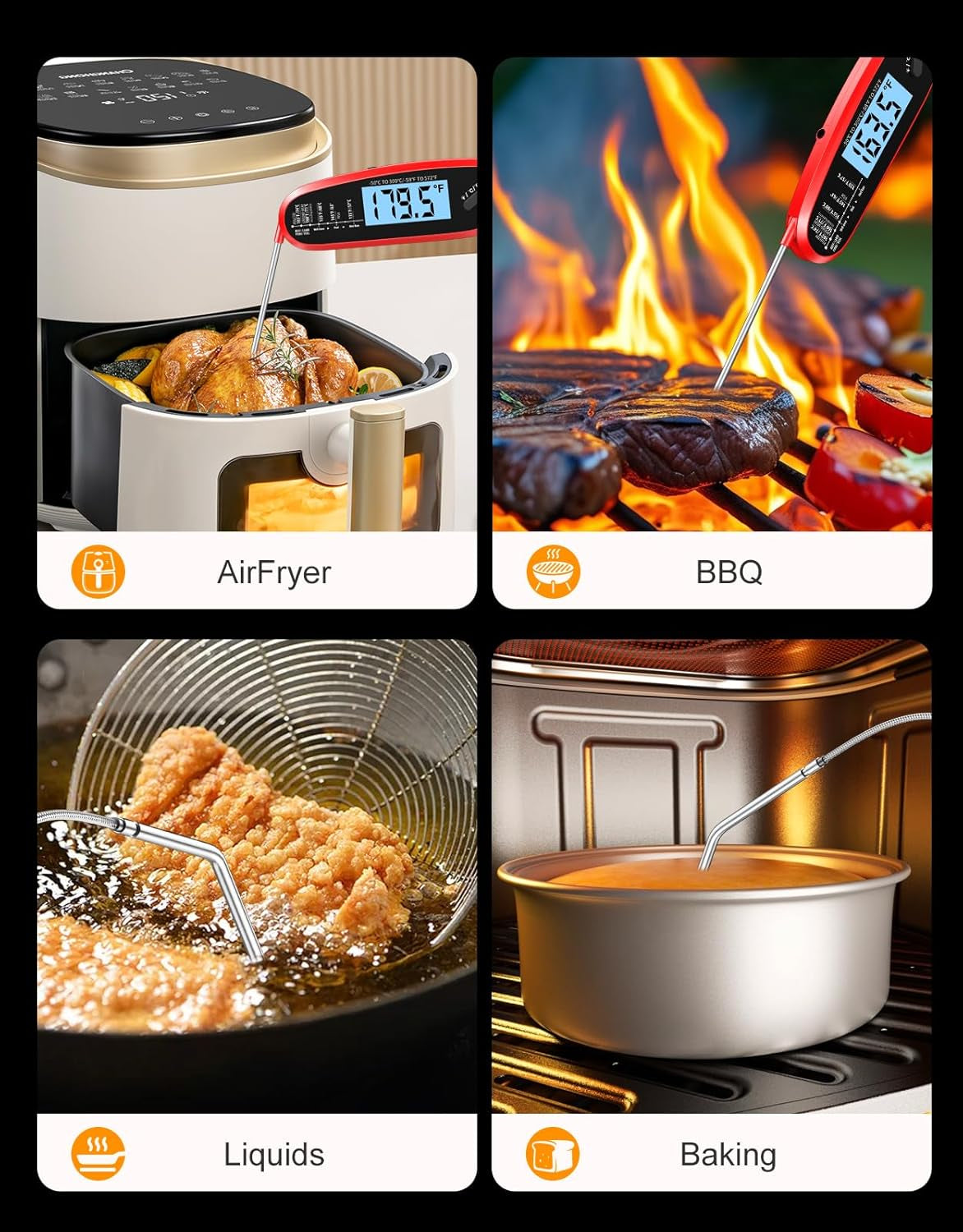 Instant Read Meat Thermometer Digital for Cooking & Grilling with Dual Probe, Kitchen Food Thermometer for Turkey Grill Smoker BBQ Oven Candy Oil Fry, Christmas Gifts Stocking Stuffers for Men