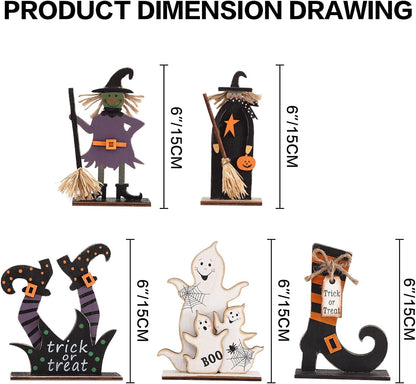 5Pcs Halloween Wooden Decorations, Halloween Tabletop Centerpiece Craft Decor Including Witch/Ghost/Shoes Decor for Home, Indoor, Holiday, Party Supplies, Kid'S Gift.