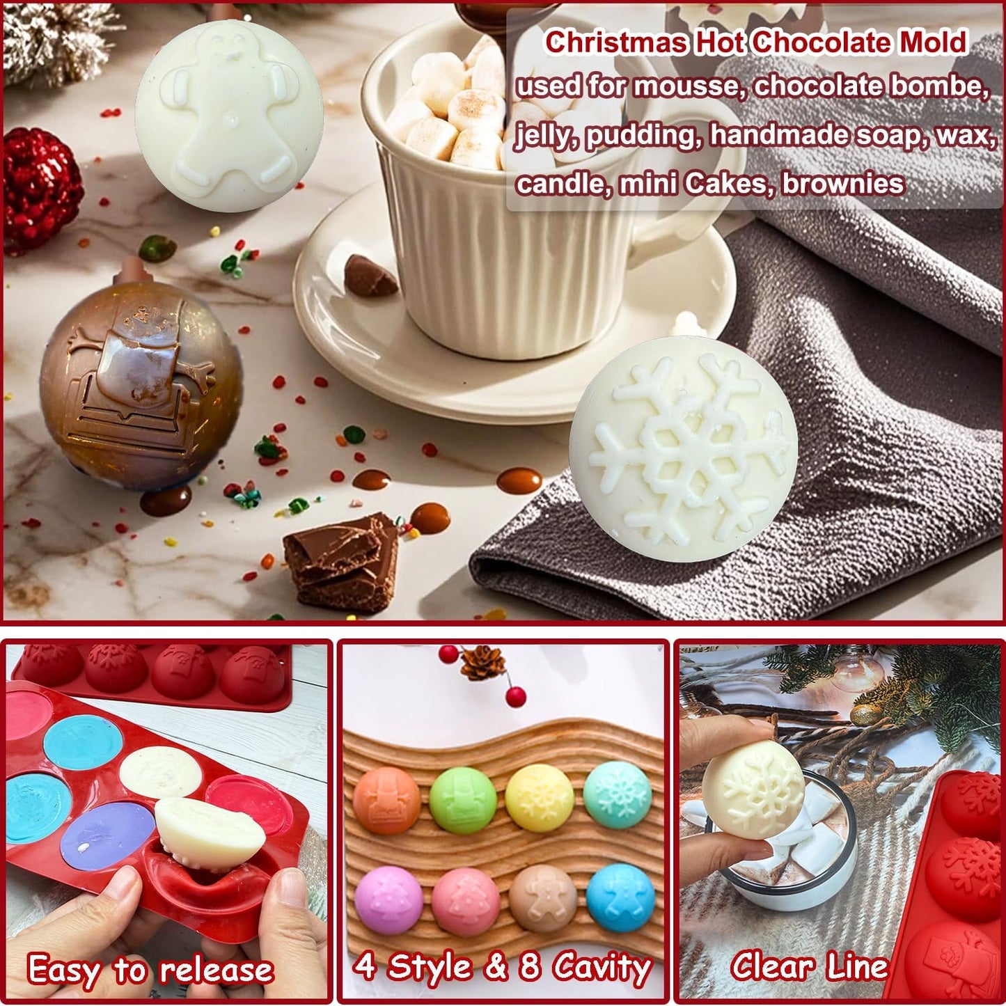 2 Pcs Christmas Hot Cocoa Bomb Mold, 8-Cavity Christmas Hot Chocolate Bomb Mold with Xmas Tree Snowflake Snowman Shape Half Sphere round Chocolate Silicone Molds for Mousse Cake Jelly Pudding Jello